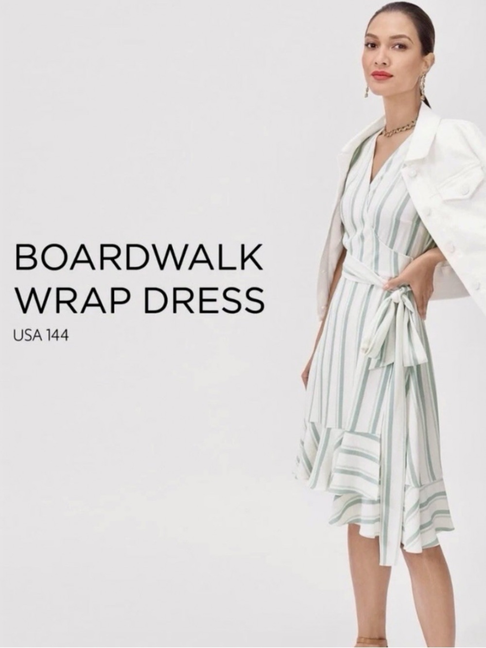 CAbi Striped Wrap Midi Dress in Pale Blue and White